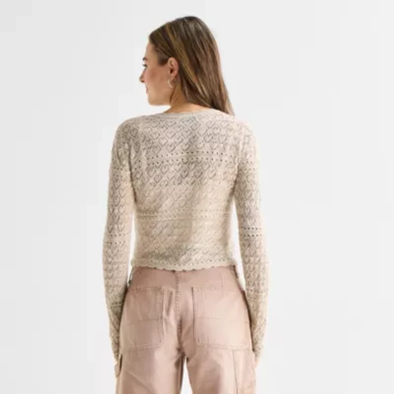 Arizona Womens Crew Neck Long Sleeve Button Juniors Cardigan