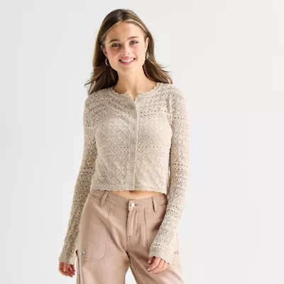 Arizona Womens Crew Neck Long Sleeve Button Juniors Cardigan