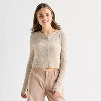 Arizona Womens Crew Neck Long Sleeve Button Juniors Cardigan