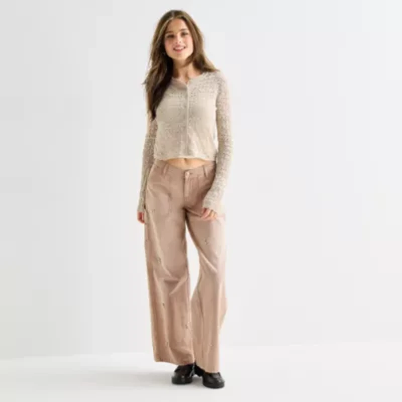 Arizona Womens Crew Neck Long Sleeve Button Juniors Cardigan