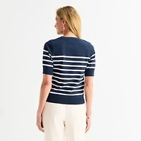 Liz Claiborne Womens Crew Neck Short Sleeve Striped Pullover Sweater