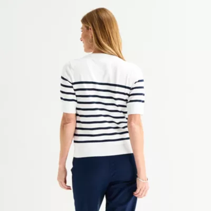 Liz Claiborne Womens Crew Neck Short Sleeve Striped Pullover Sweater