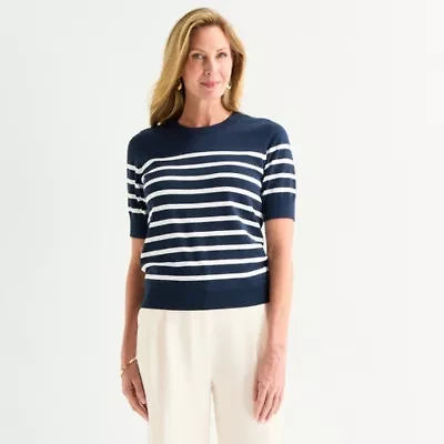 Liz Claiborne Womens Crew Neck Short Sleeve Striped Pullover Sweater