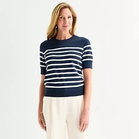 Liz Claiborne Womens Crew Neck Short Sleeve Striped Pullover Sweater