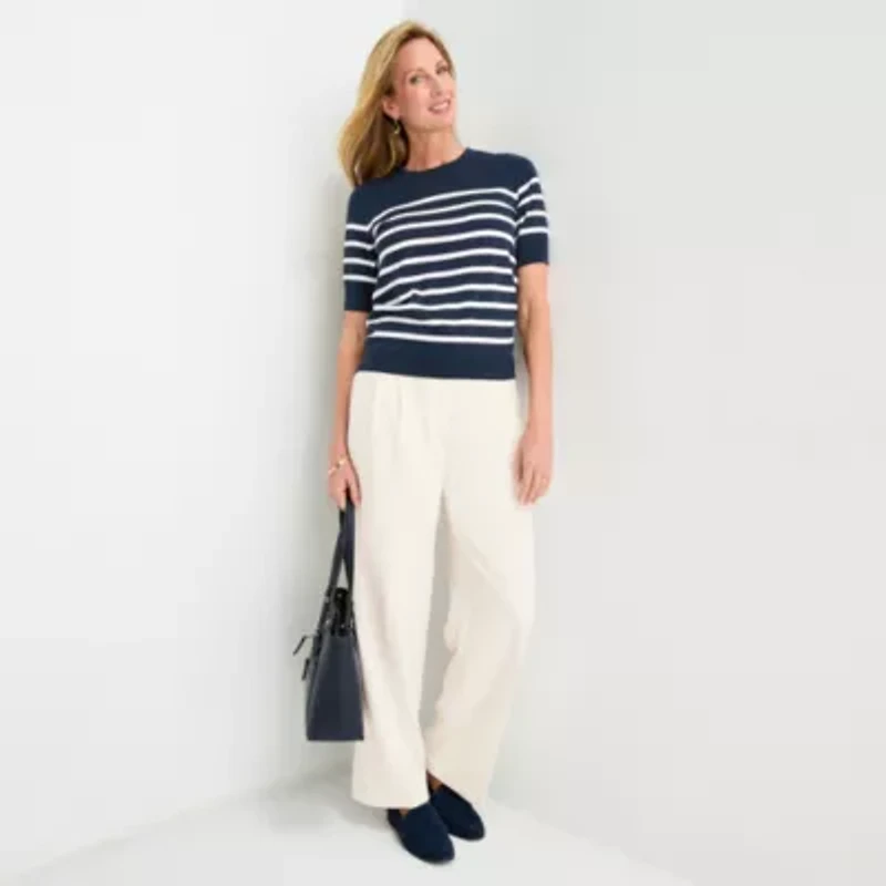 Liz Claiborne Womens Crew Neck Short Sleeve Striped Pullover Sweater