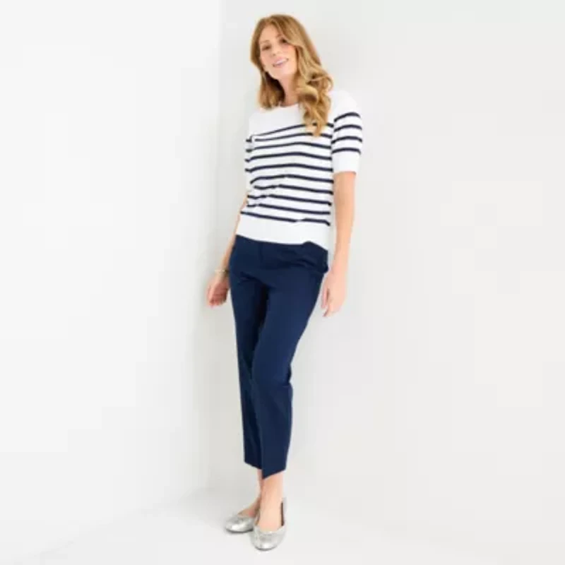 Liz Claiborne Womens Crew Neck Short Sleeve Striped Pullover Sweater