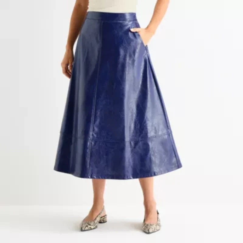Worthington Womens Midi Faux Leather A-Line Skirt