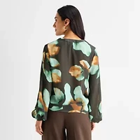 Worthington Womens Split Tie Neck Long Sleeve Blouse