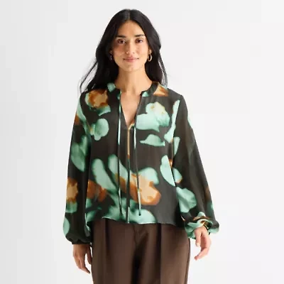 Worthington Womens Split Tie Neck Long Sleeve Blouse