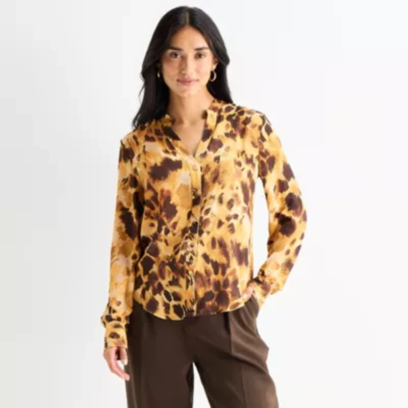 Worthington Womens Y Neck Long Sleeve Blouse