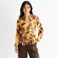 Worthington Womens Y Neck Long Sleeve Blouse