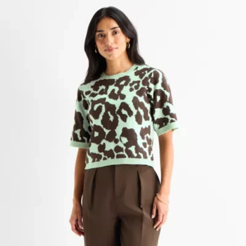 Worthington Womens Crew Neck Short Sleeve Pullover Sweater