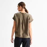 Worthington Womens Henley Neck Short Sleeve Blouse