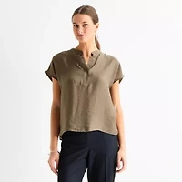 Worthington Womens Henley Neck Short Sleeve Blouse
