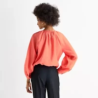 Worthington Womens Round Neck Long Sleeve Blouse