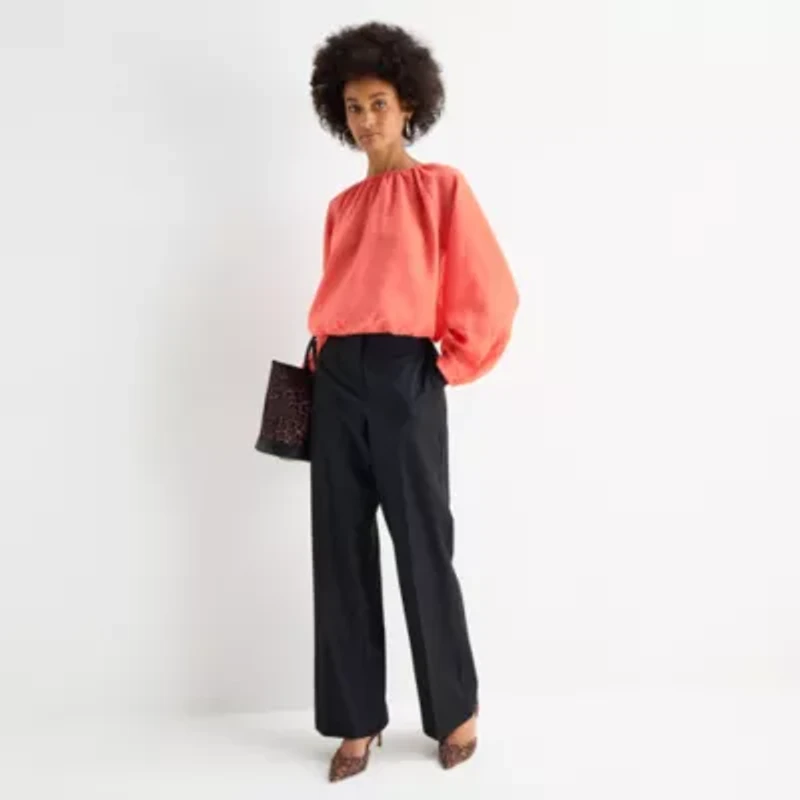 Worthington Womens Round Neck Long Sleeve Blouse