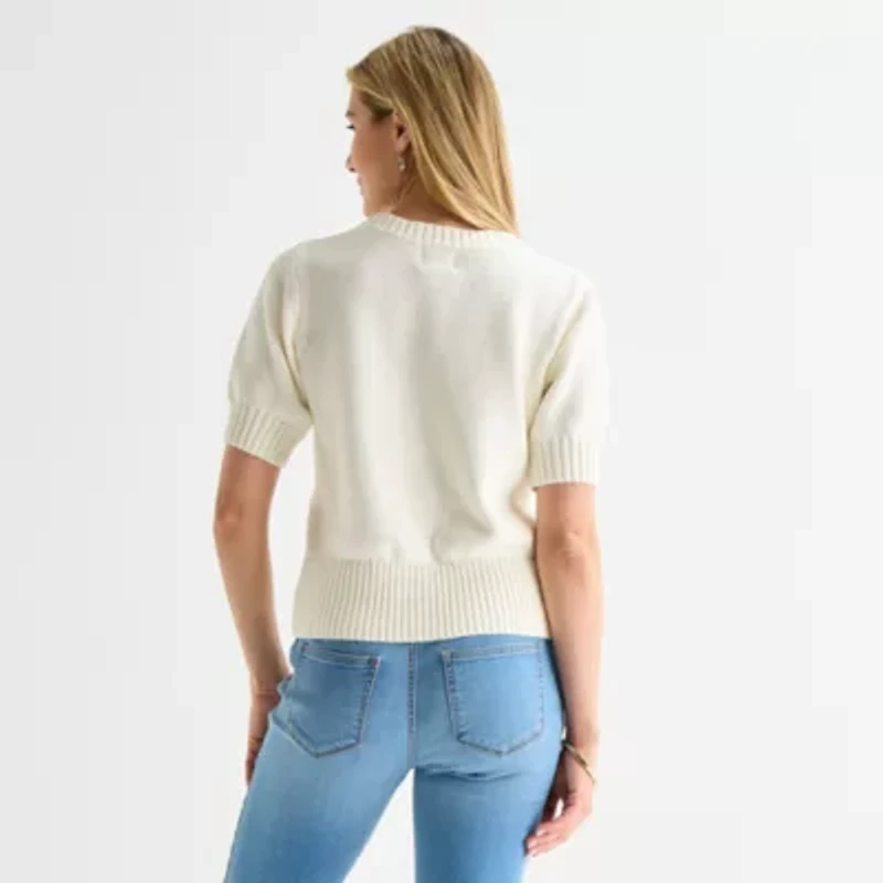 St. John's Bay Womens Crew Neck Short Sleeve Button Cardigan