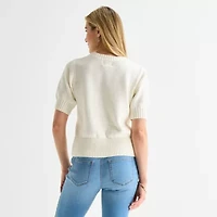 St. John's Bay Womens Crew Neck Short Sleeve Button Cardigan