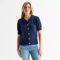 St. John's Bay Womens Crew Neck Short Sleeve Button Cardigan