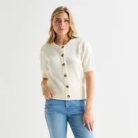 St. John's Bay Womens Crew Neck Short Sleeve Button Cardigan