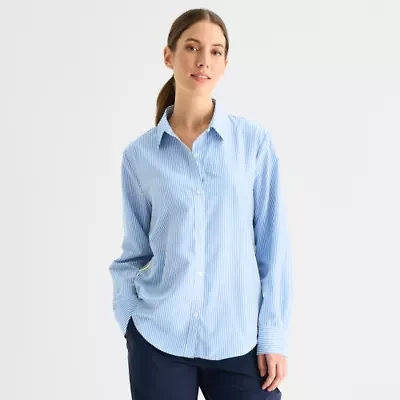 Stylus Womens Cuffed Long Sleeve Oversized Button-Down Shirt
