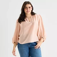 a.n.a Womens Plus Y Neck 3/4 Sleeve Blouse