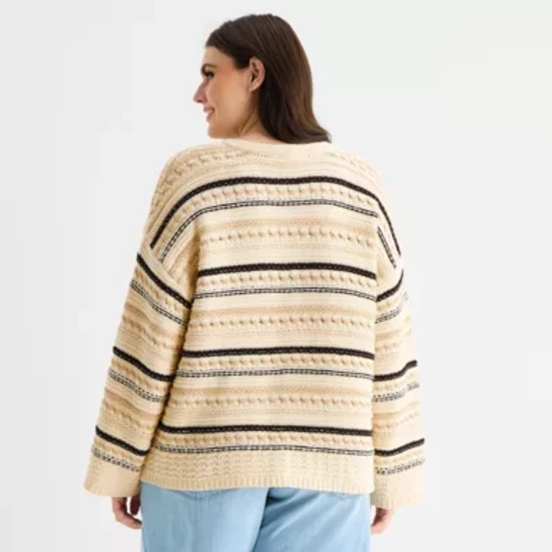 a.n.a Plus Womens Split Tie Neck Long Sleeve Pullover Sweater