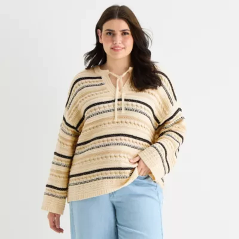 a.n.a Plus Womens Split Tie Neck Long Sleeve Pullover Sweater