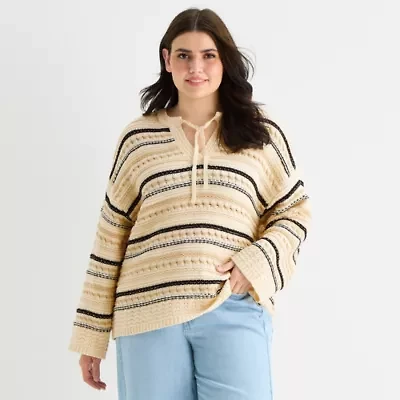 a.n.a Plus Womens Split Tie Neck Long Sleeve Pullover Sweater