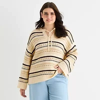 a.n.a Plus Womens Split Tie Neck Long Sleeve Pullover Sweater