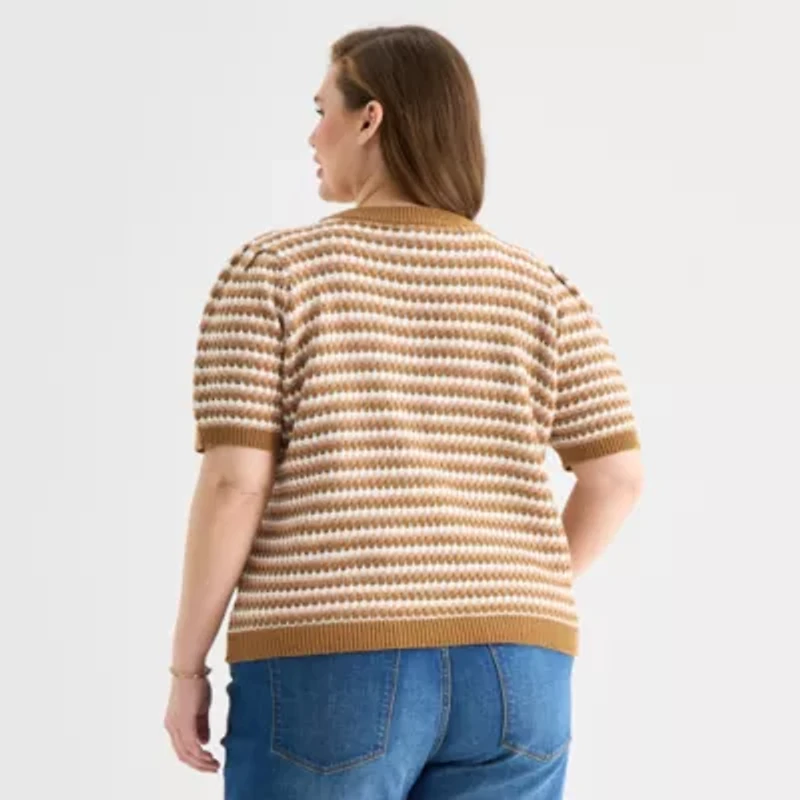 a.n.a Plus Womens Crew Neck Short Sleeve Striped Pullover Sweater