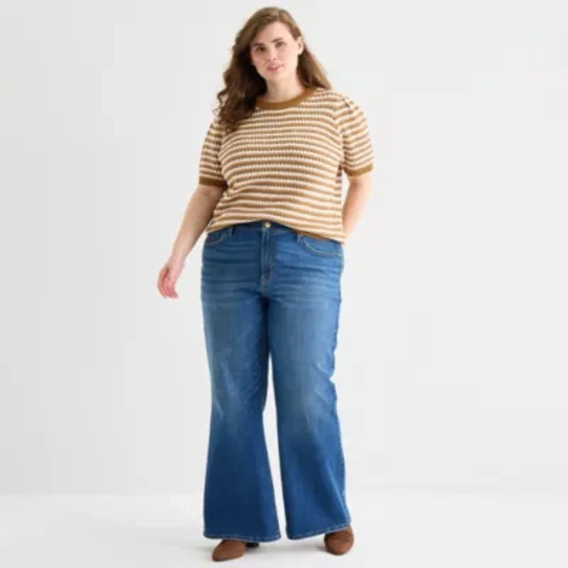 a.n.a Plus Womens Crew Neck Short Sleeve Striped Pullover Sweater