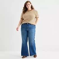 a.n.a Plus Womens Crew Neck Short Sleeve Striped Pullover Sweater