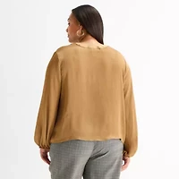 Worthington Womens Plus Split Tie Neck Long Sleeve Blouse