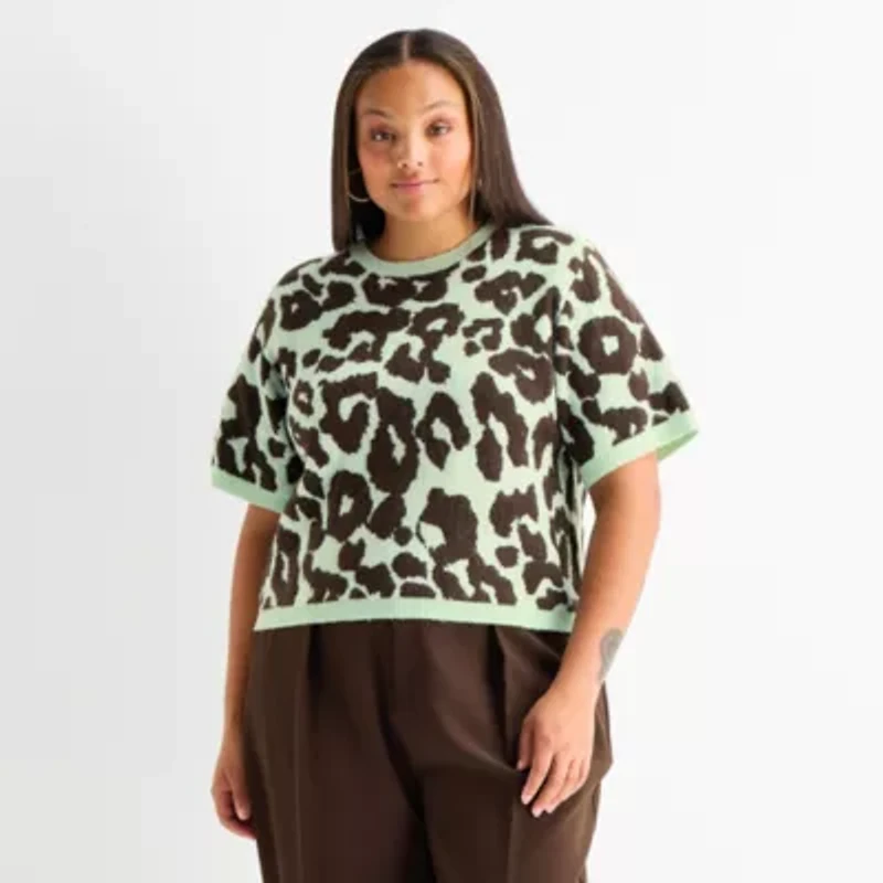 Worthington Plus Womens Crew Neck Short Sleeve Pullover Sweater