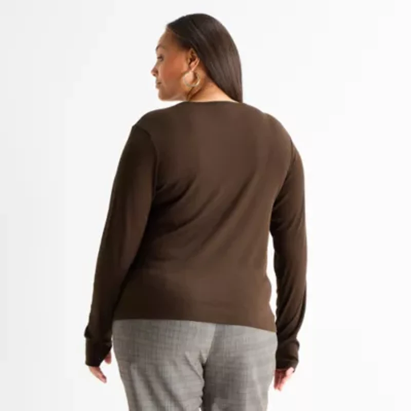 Worthington Womens Plus Crew Neck Long Sleeve Blouse