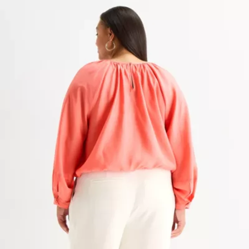 Worthington Womens Plus Round Neck Long Sleeve Blouse