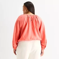 Worthington Womens Plus Round Neck Long Sleeve Blouse