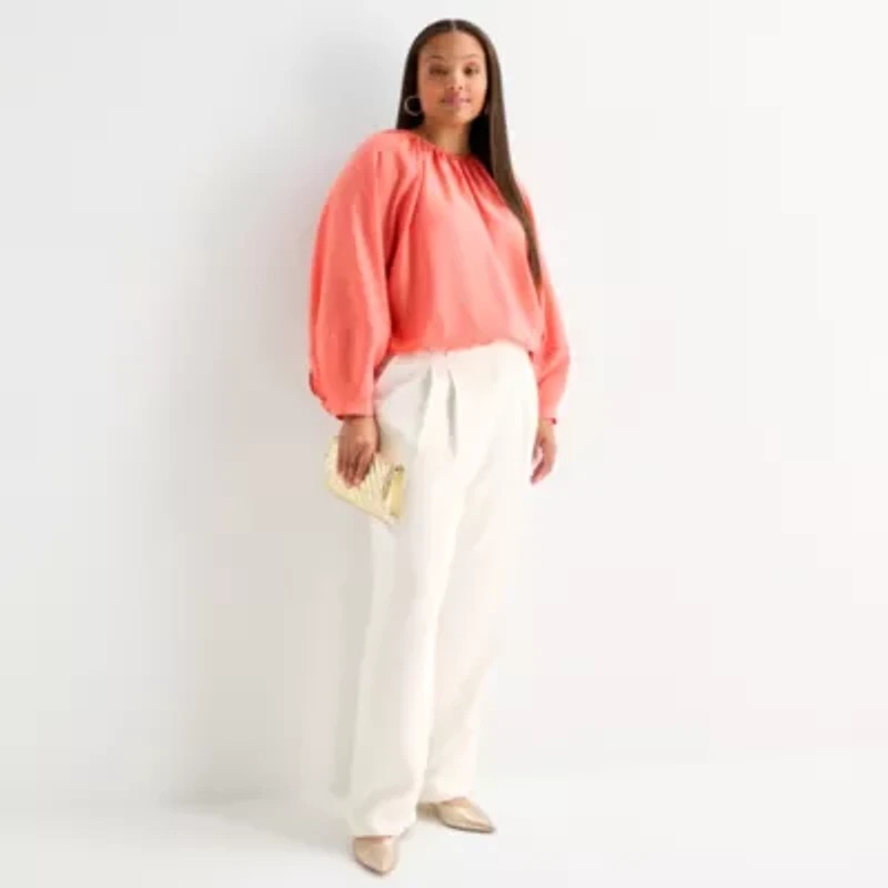 Worthington Womens Plus Round Neck Long Sleeve Blouse