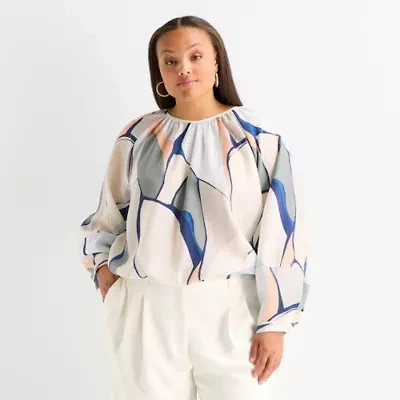 Worthington Womens Plus Round Neck Long Sleeve Blouse