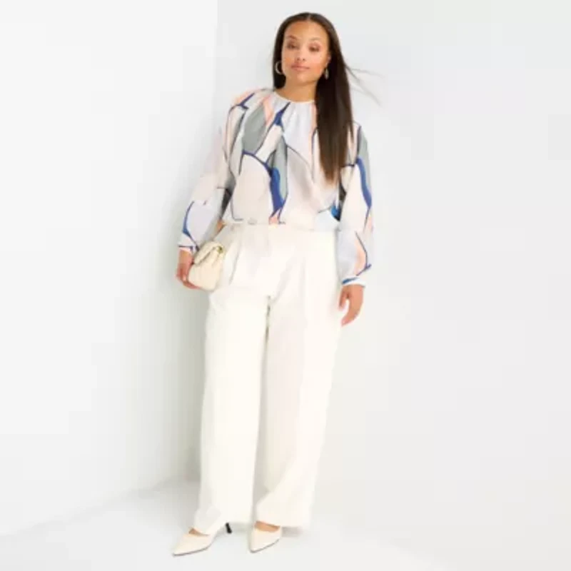 Worthington Womens Plus Round Neck Long Sleeve Blouse