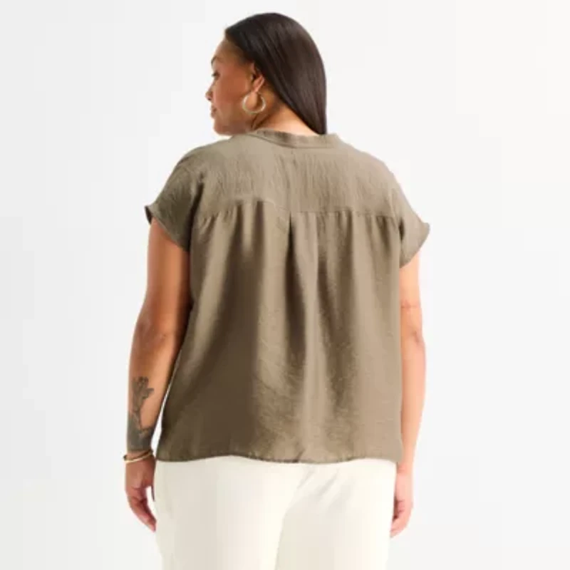 Worthington Womens Plus Henley Neck Short Sleeve Blouse