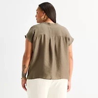 Worthington Womens Plus Henley Neck Short Sleeve Blouse