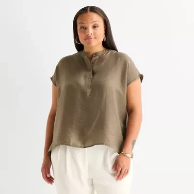 Worthington Womens Plus Henley Neck Short Sleeve Blouse