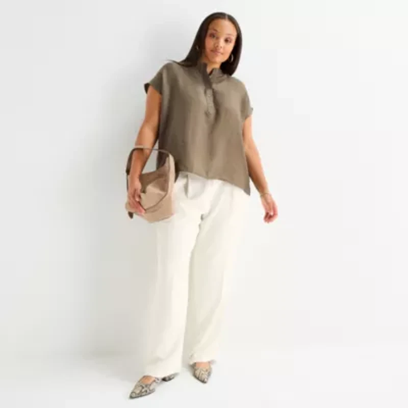 Worthington Womens Plus Henley Neck Short Sleeve Blouse