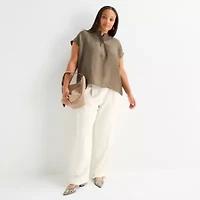 Worthington Womens Plus Henley Neck Short Sleeve Blouse