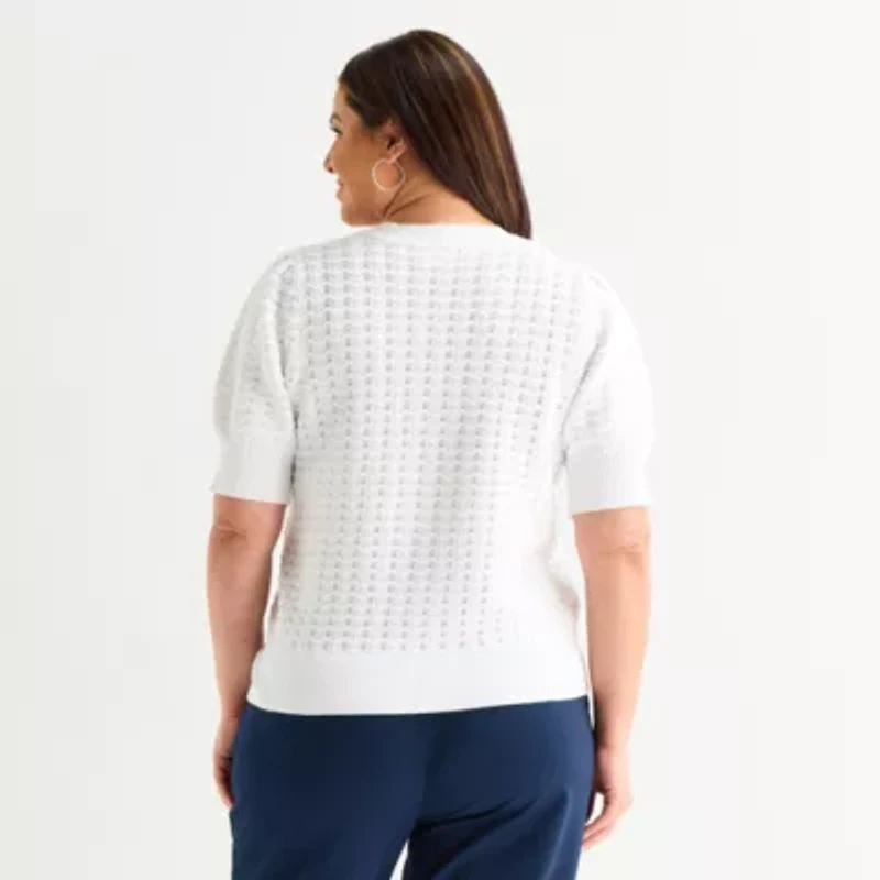 Liz Claiborne Plus Womens Crew Neck Elbow Sleeve Pullover Sweater