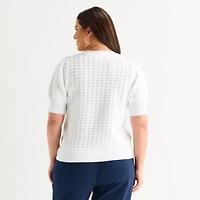 Liz Claiborne Plus Womens Crew Neck Elbow Sleeve Pullover Sweater