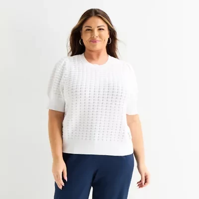 Liz Claiborne Plus Womens Crew Neck Elbow Sleeve Pullover Sweater