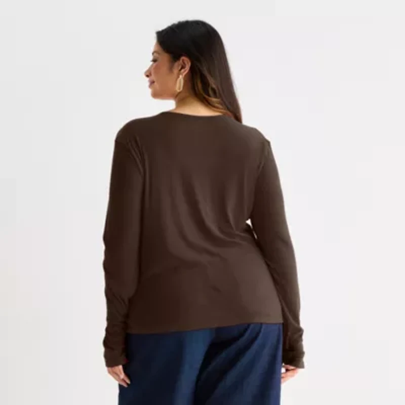 Worthington Womens Plus Crew Neck Long Sleeve Blouse